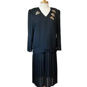 BOSTON MAID Black Sequins Vtg 80s Chiffon Pleated Peplum Retro 40s Midi Dress 12